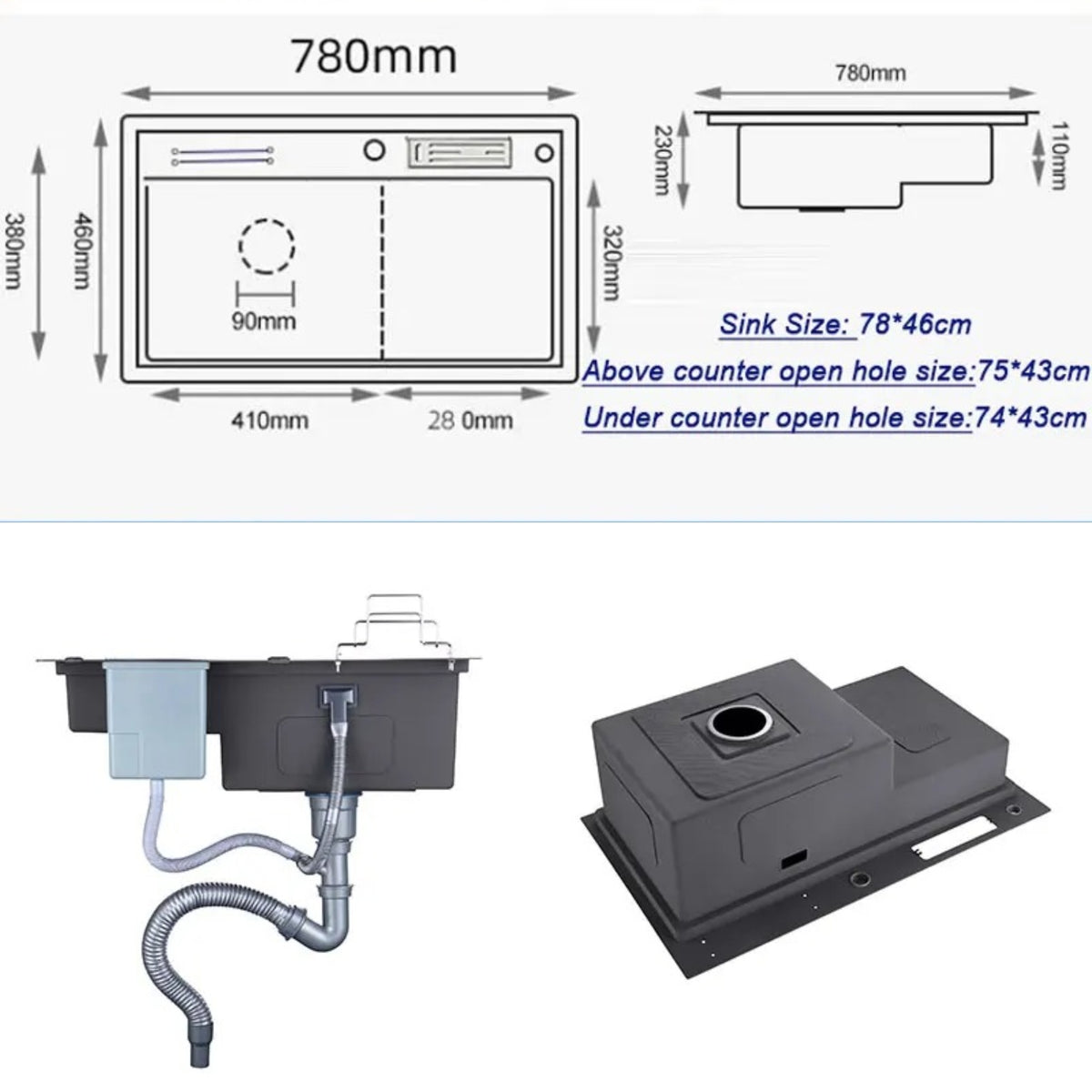 Cuba Gourmet Inox Pia Dupla Preta 78×46cm Completa Aqua Prime - Homedeccori