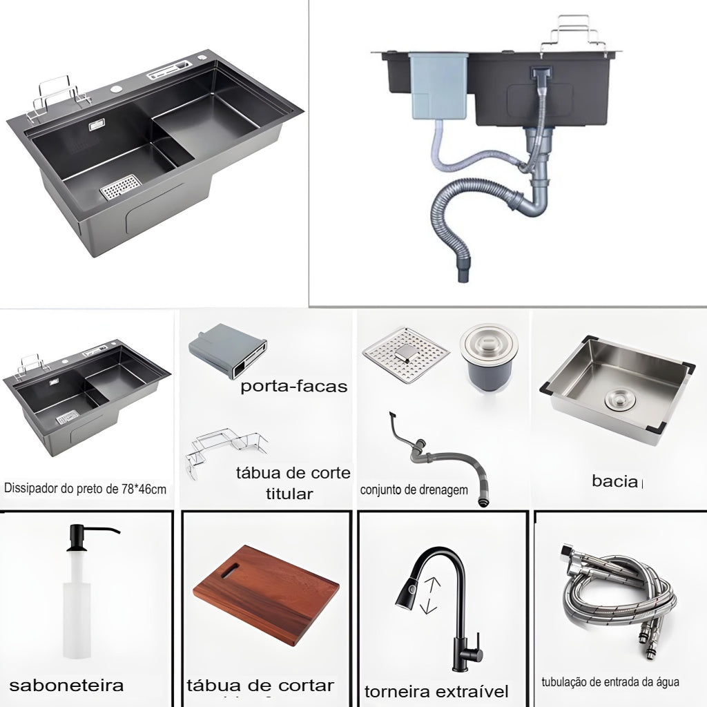 Cuba Gourmet Inox Pia Dupla Preta 78×46cm Completa Aqua Prime - Homedeccori