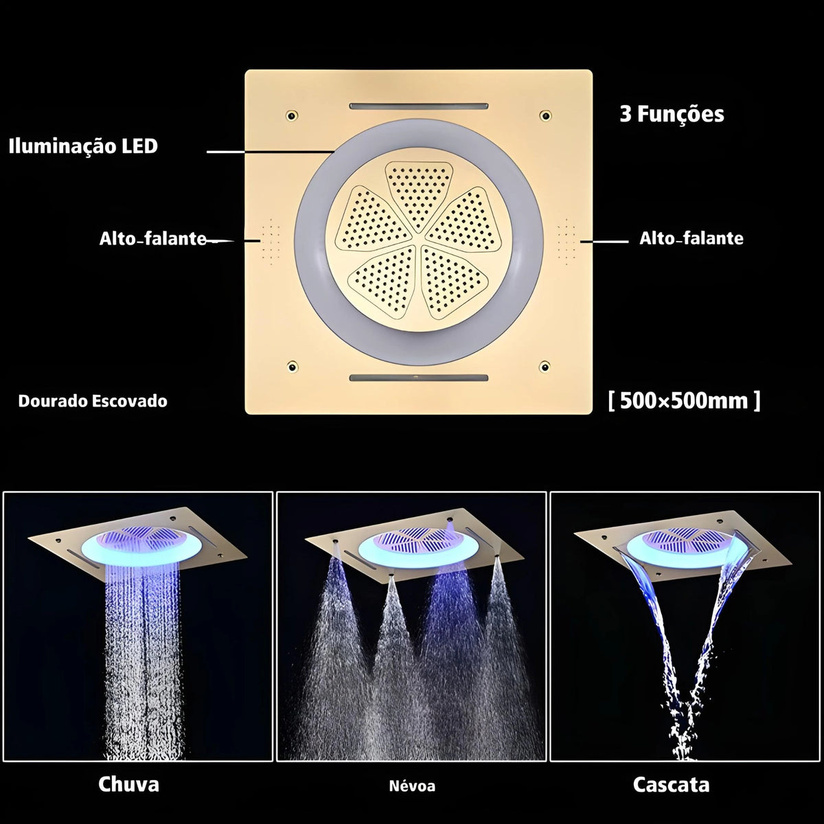 Ducha de Teto Embutir Inox 58x38 LED Bluetooth Atlas Spa - Homedeccori