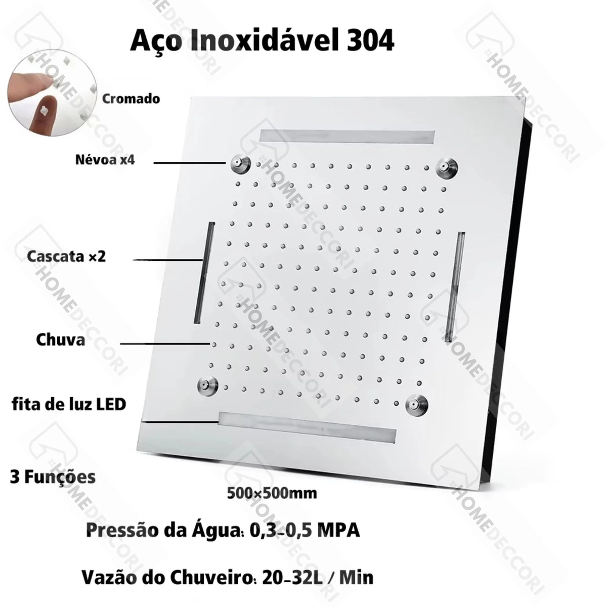 Ducha de Teto Inox 50x50 Spa Cascata LED Aquaville - Homedeccori