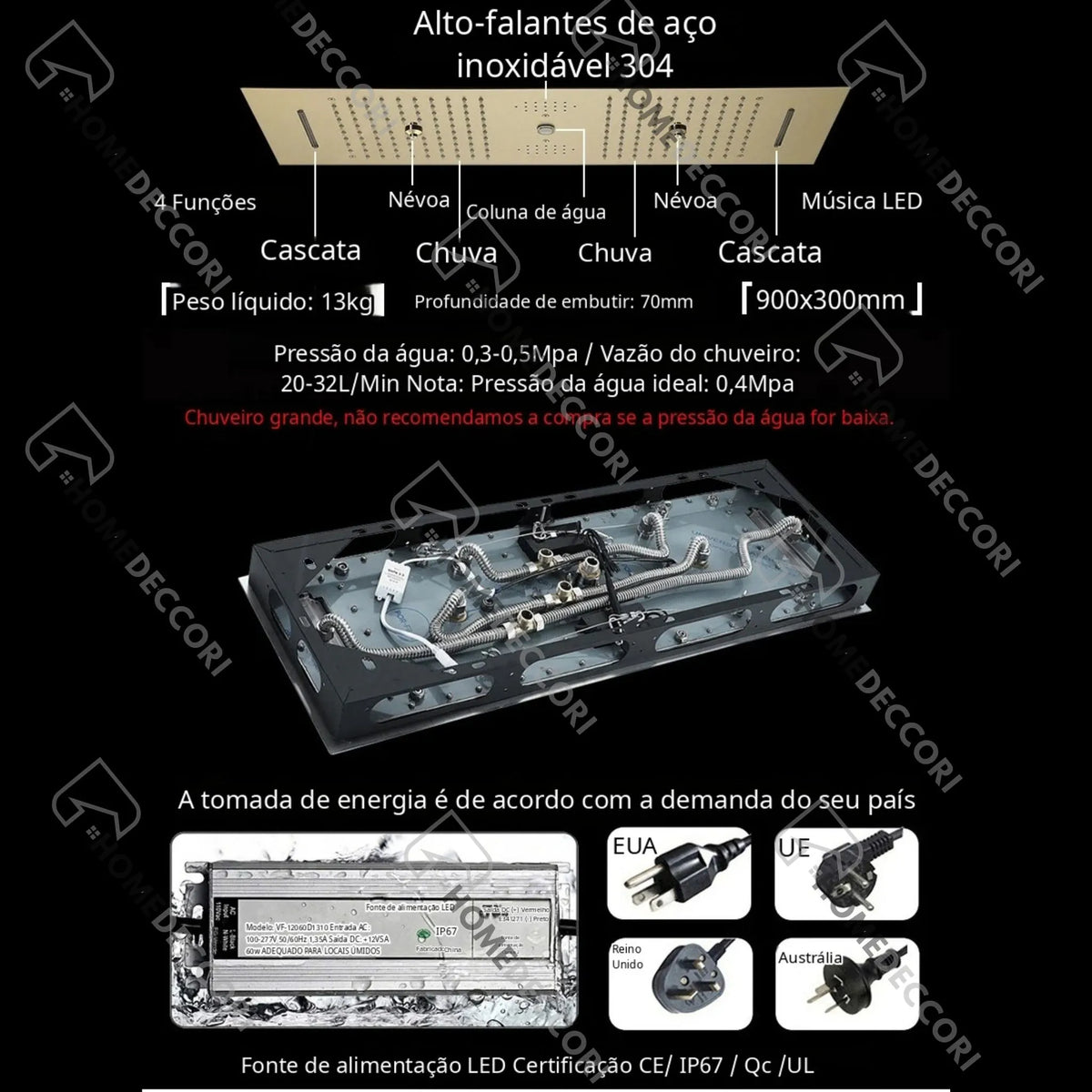 Ducha De Teto Embutir Inox 90x30 LED Bluetooth 6 Jatos Altezza - Homedeccori