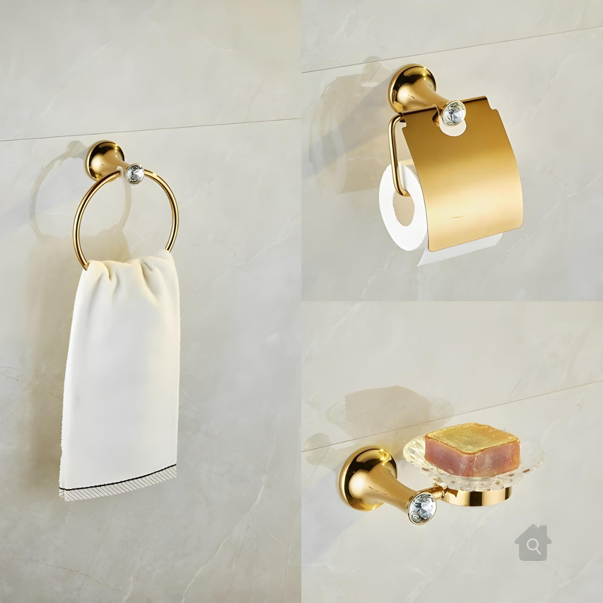 Homedeccori luxury gold bathroom accessories set with towel ring, toilet paper holder, and soap dish on marble wall.