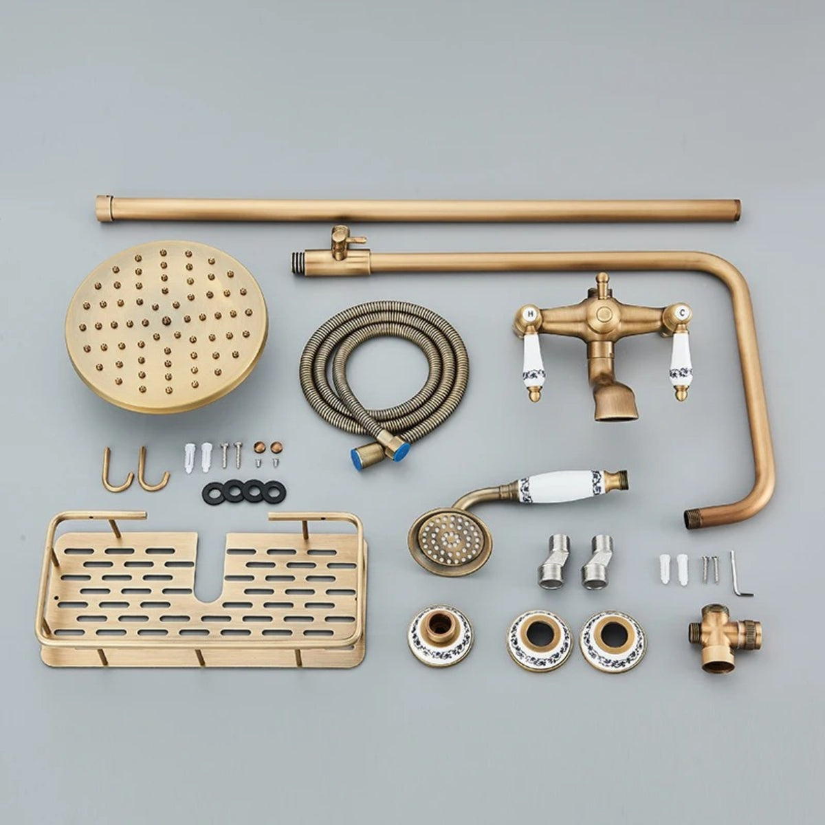 Kit chuveiro vintage coluna de banho misturador bronze antigo Monarch com acessórios