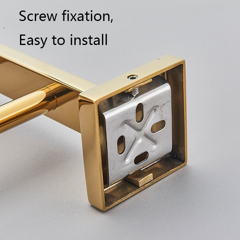 Detalhe do sistema de fixação por parafuso de acessório de banheiro dourado inox Shine.