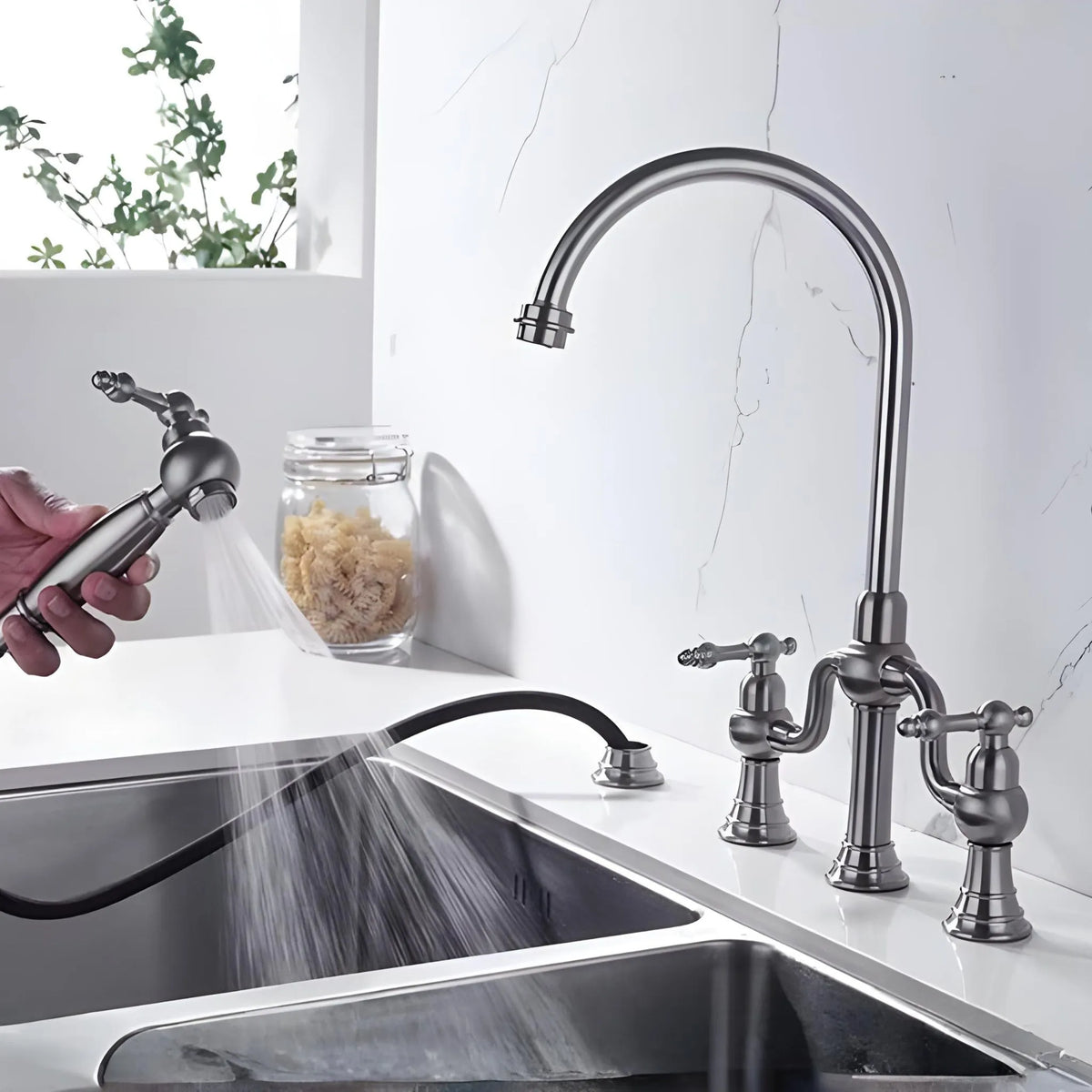 Torneira Gourmet Inox Duplocomando Extensível Ravenna