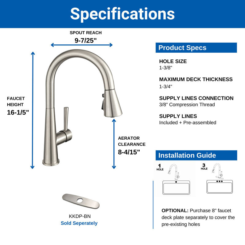 Single Handle 3 Functions Pull-down Sprayer Kitchen Faucet, Brushed Nickel