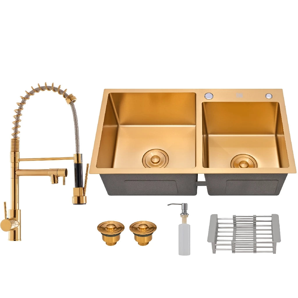 Kit Cuba Dupla Inox 78x43 + Torneira Dourada Completa Lux Gold - Homedeccori