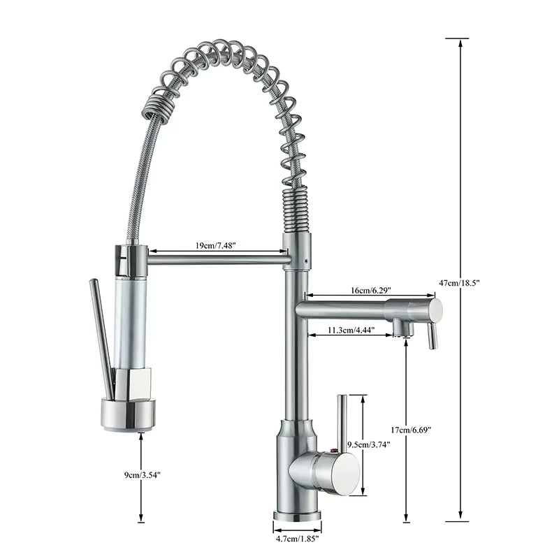 Torneira Gourmet Monocomando Spray Duo Harvy com dimensões detalhadas em cm e polegadas.