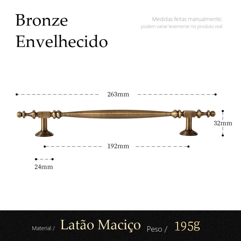 Puxador Pistoia Bronze Envelhecido Alça 192 mm - medidas
