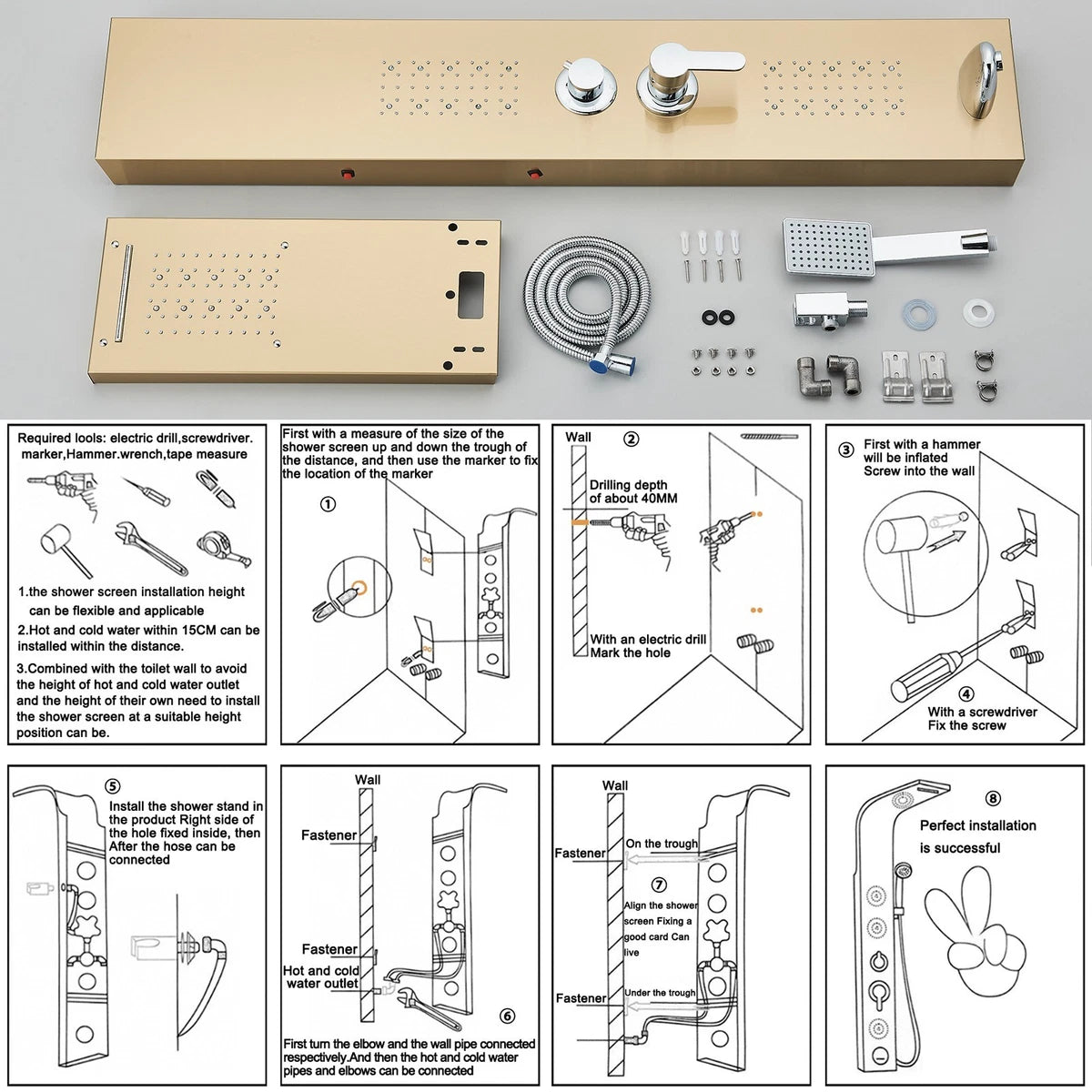 LED Rain Waterfall Shower Panel Tower System Stainless steel Body Massage Column|365778383351