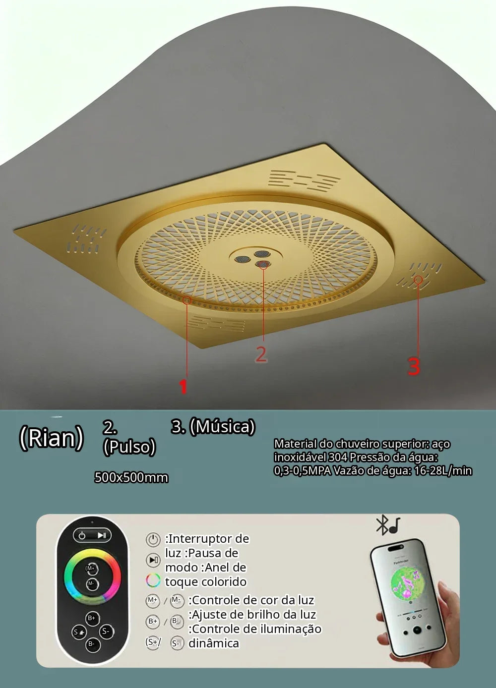 Ducha de Teto Embutir Inox 50x50 LED Bluetooth Sinfonia