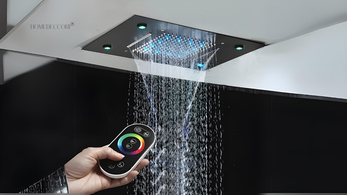 Ducha de teto Homedeccori com luzes LED coloridas e controle remoto.