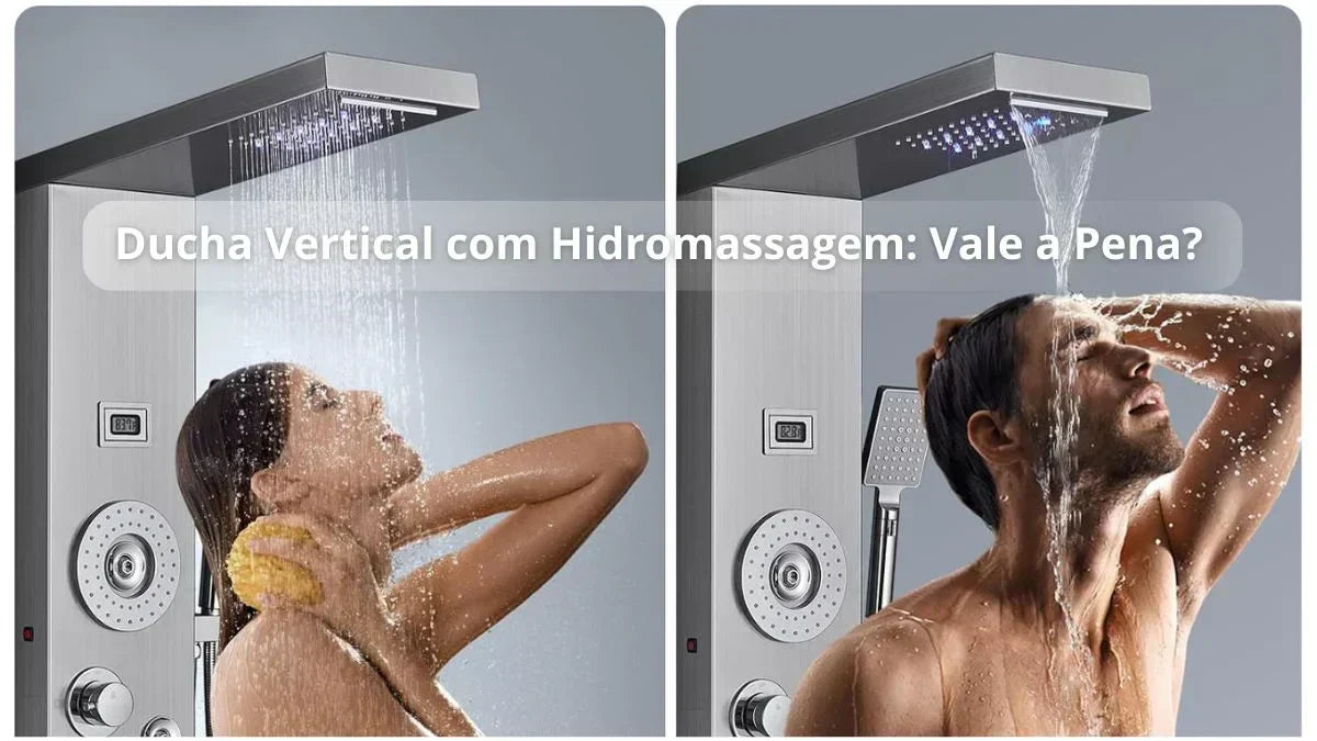 Homem e mulher utilizando ducha vertical com hidromassagem de luxo em aço escovado.