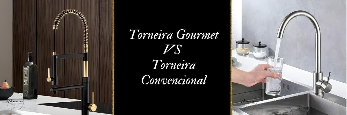 Comparativo entre torneira gourmet preta e dourada e torneira de cozinha convencional em inox.
