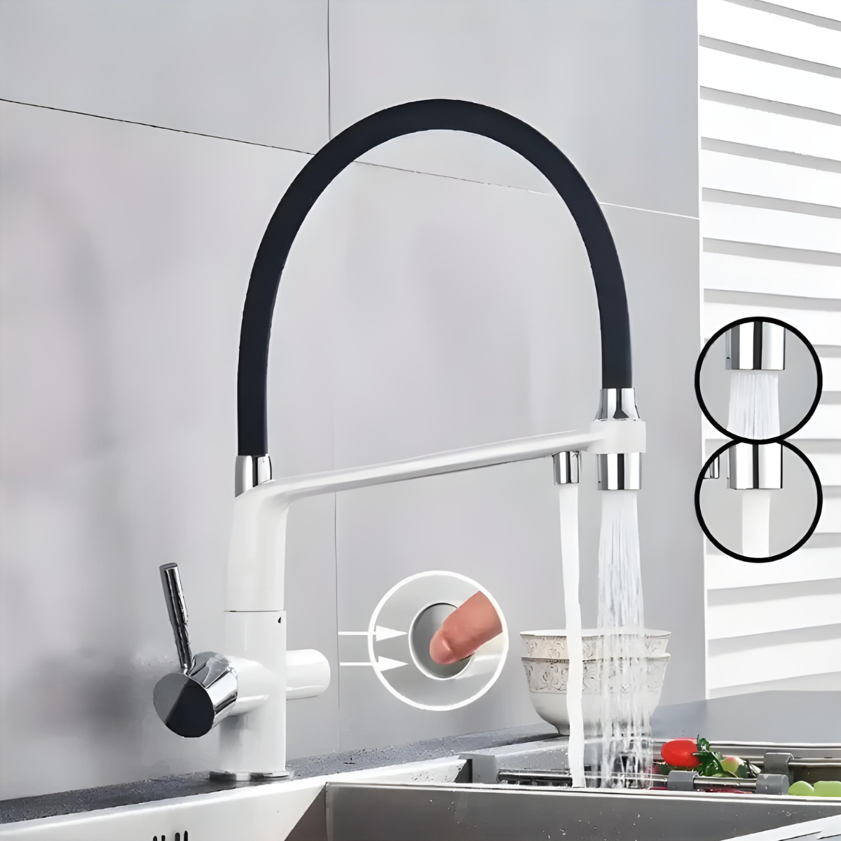 Torneira Gourmet Monocomando Extensível 360 Dual Azzurra branca com saída dupla de água.