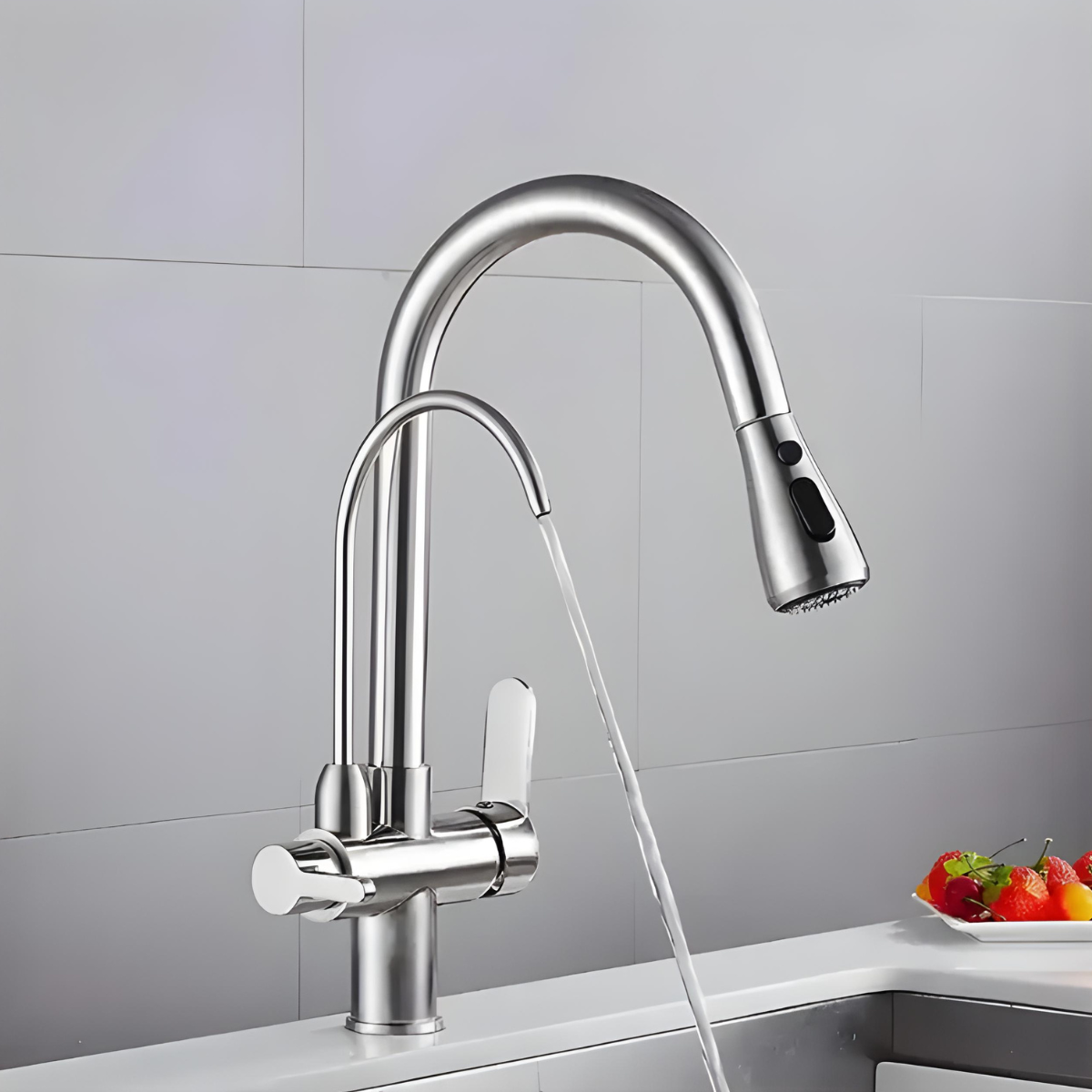 Torneira gourmet Homedeccori monocomando em aço inox com saída para filtro