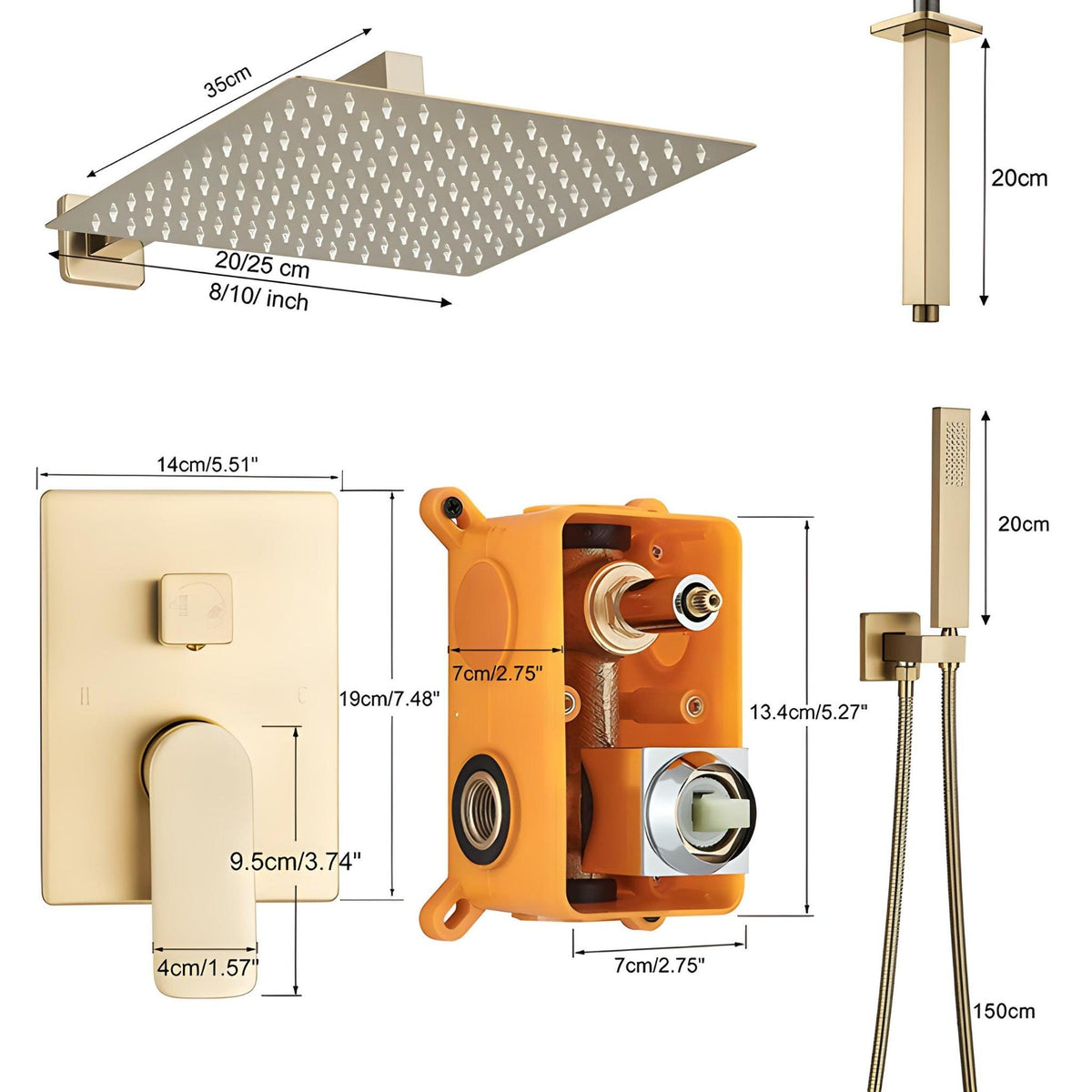 Chuveiro A Gás Inox Quadrado Parede Ouro Escovado Ultraslim - Homedeccori