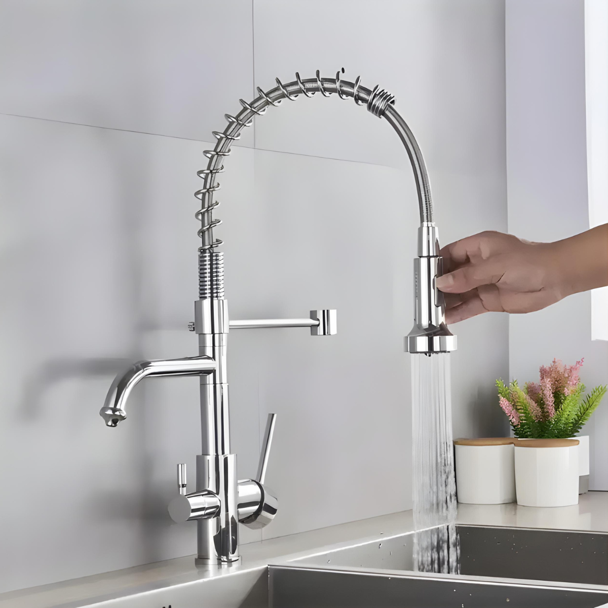 Torneira Gourmet Dual Monocomando Homedeccori com spray 360 e saída para filtro em aço inox.