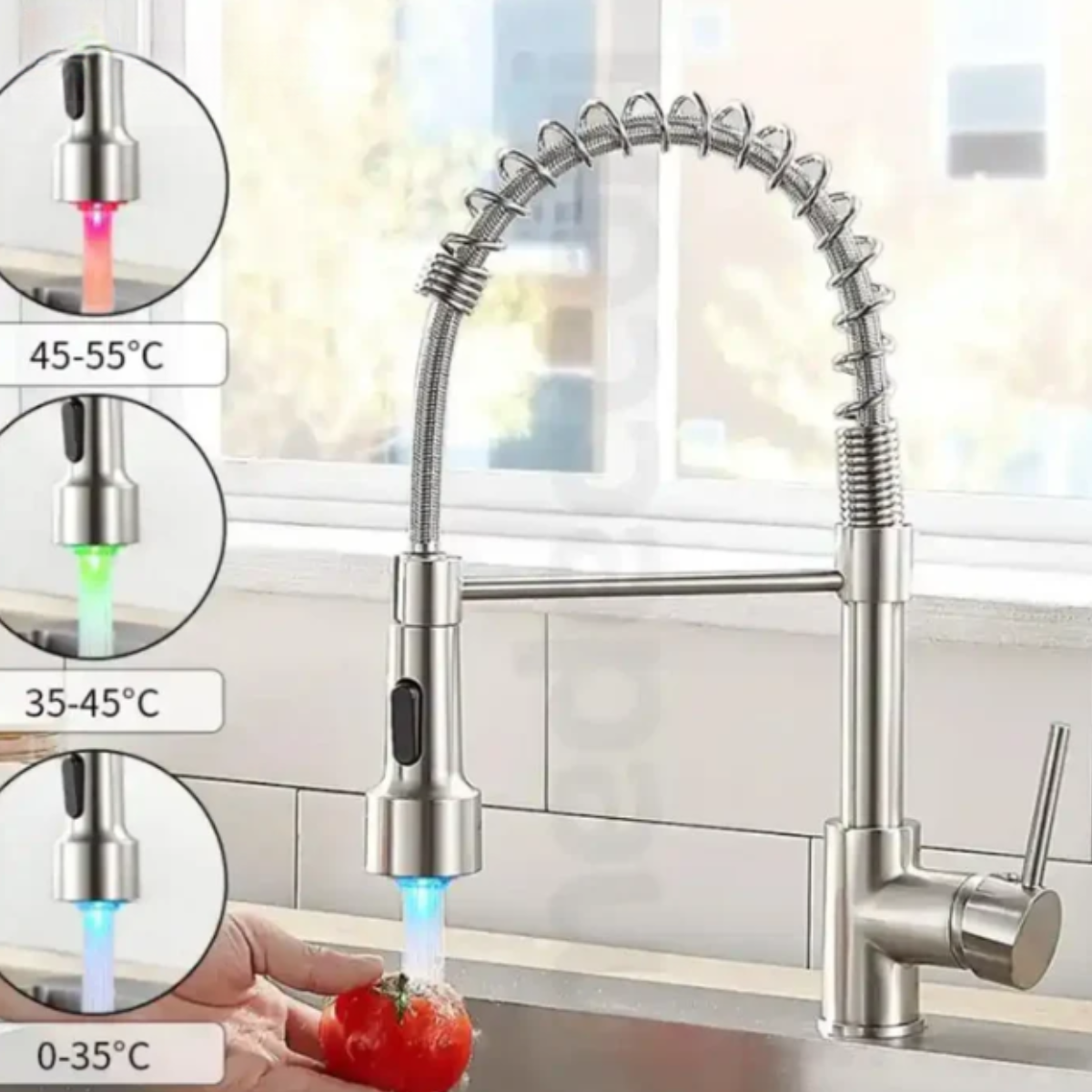 Torneira gourmet monocomando Homedeccori com mola e LED indicador de temperatura da água.