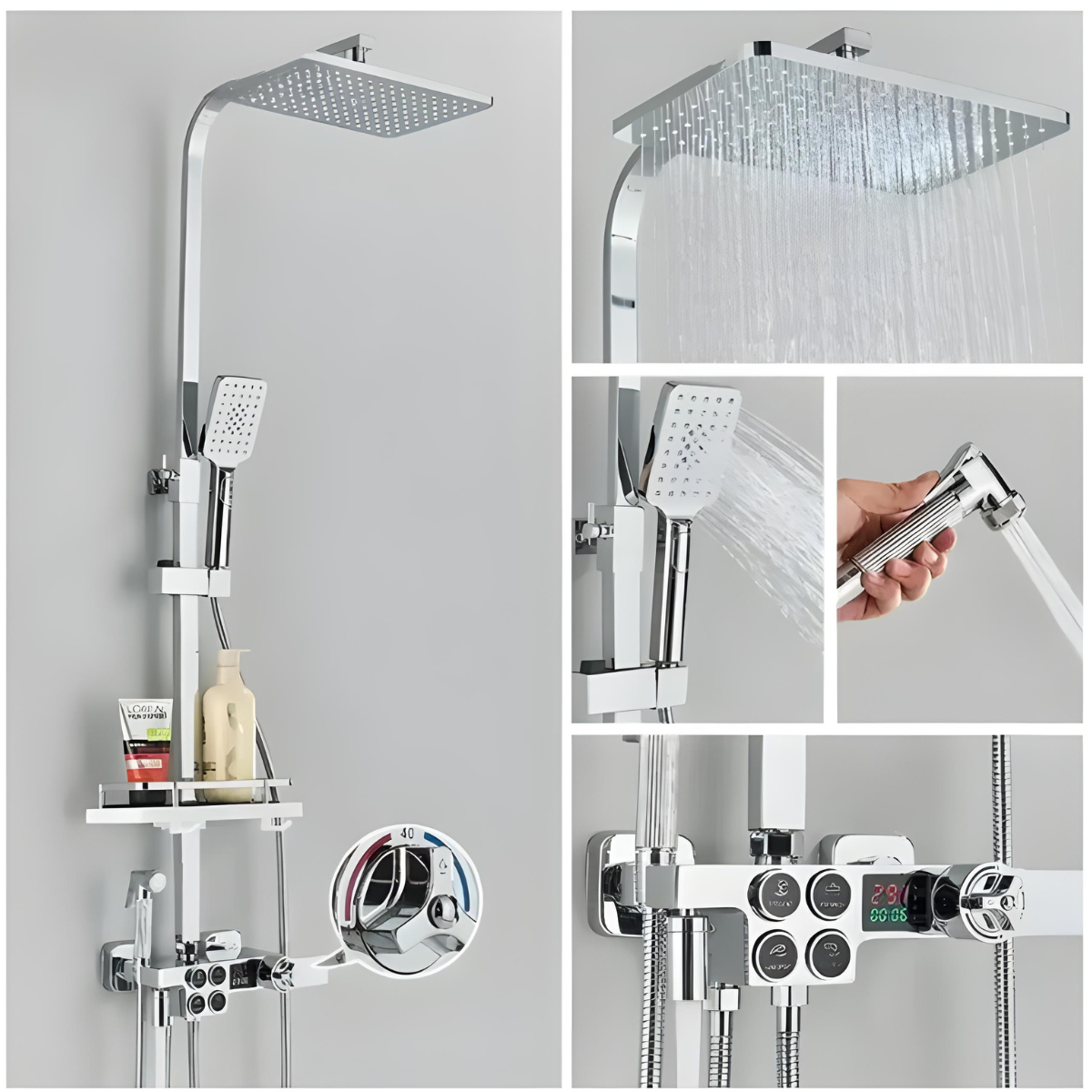 Coluna de banho termostática Homedeccori com ducha booster, chuveiro manual e display digital LED.