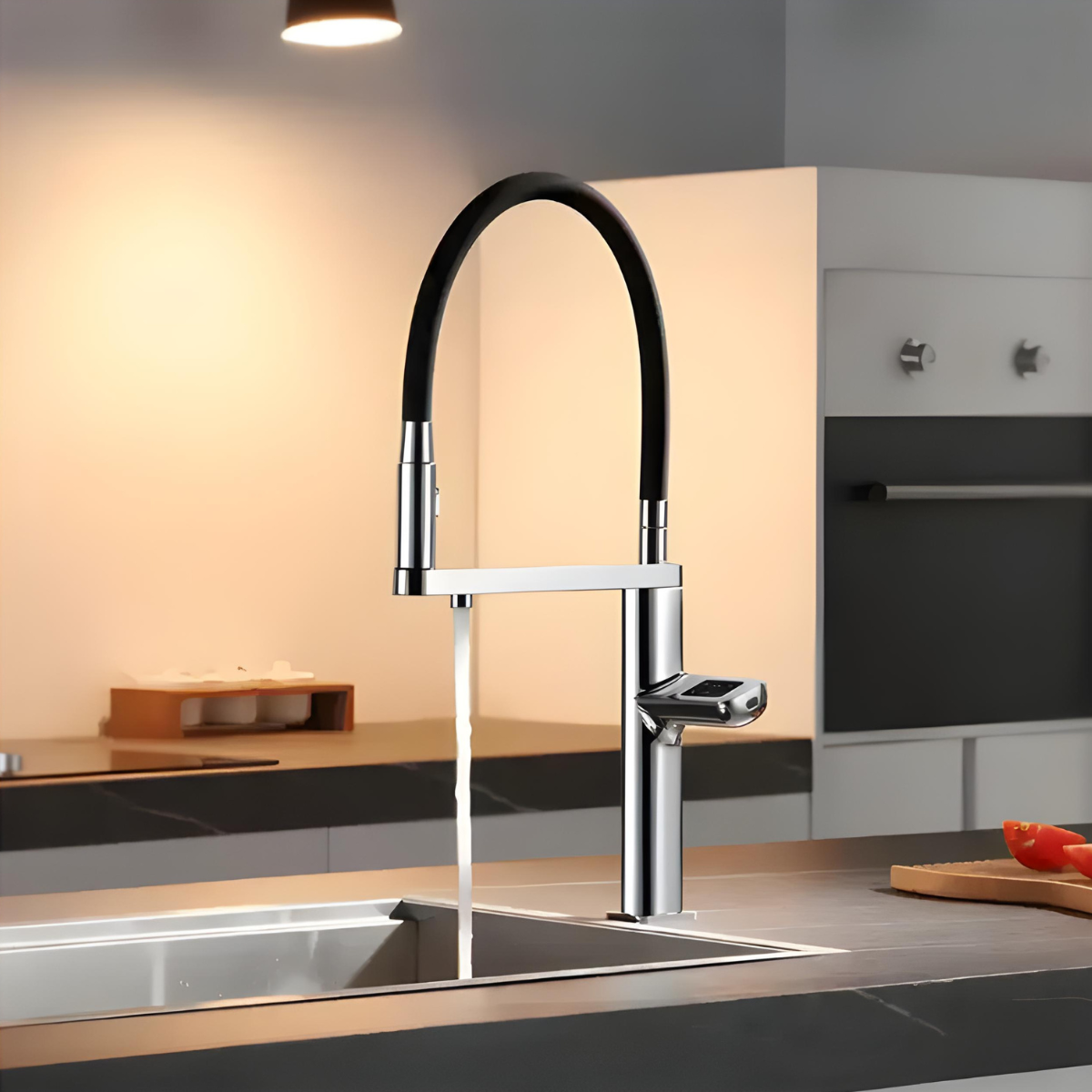 Torneira Gourmet Monocomando Aura de luxo com sensor touch instalada em pia de cozinha moderna.