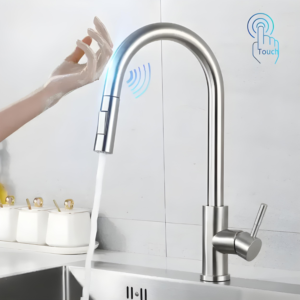 Torneira gourmet Home Deccori com sensor touch extensível em aço escovado para cozinha.