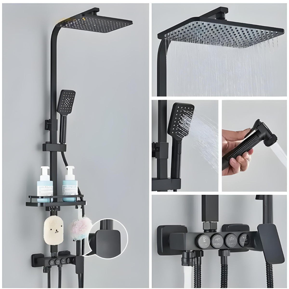 Coluna de banho termostática Homedeccori preta com ducha booster, chuveiro manual e display LED.