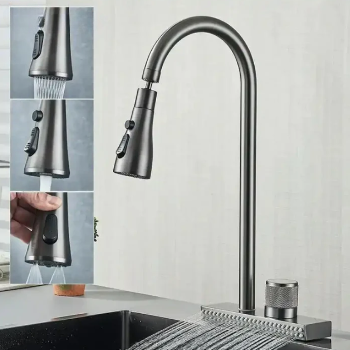 Torneira Cozinha Monocomando Gourmet Spray 360 Raffinata Homedeccori em cinza fosco