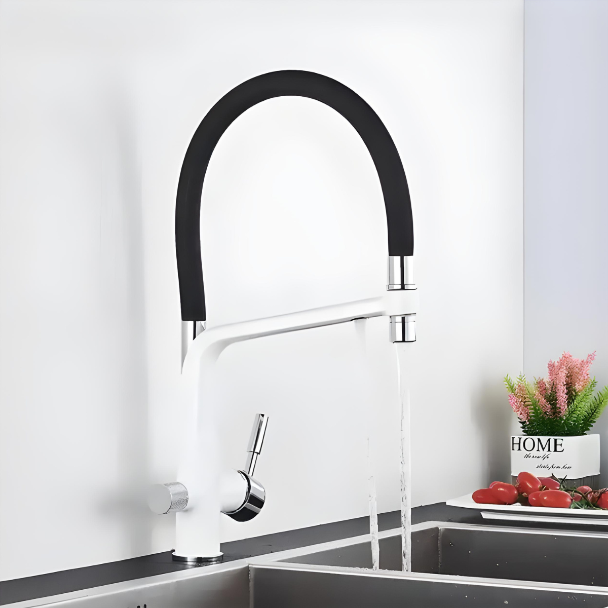 Torneira Gourmet Monocomando Extensível Azzurra branca com bica preta e saída para filtro