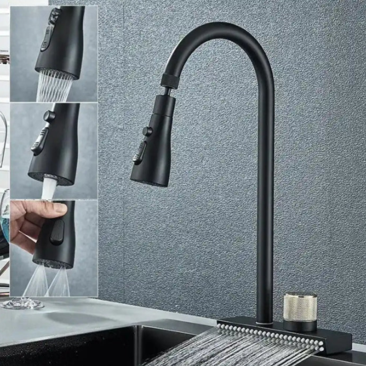 Torneira Cozinha Monocomando Gourmet Spray 360 Raffinata preta da Raffinata com diferentes jatos.