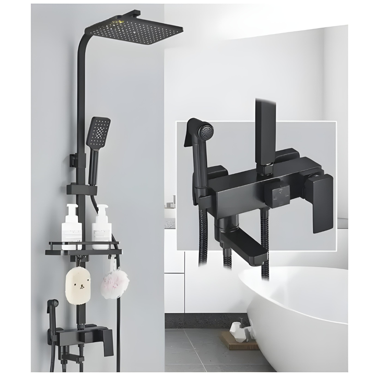Coluna de banho termostática Homedeccori preta com chuveiro booster e visor digital LED.