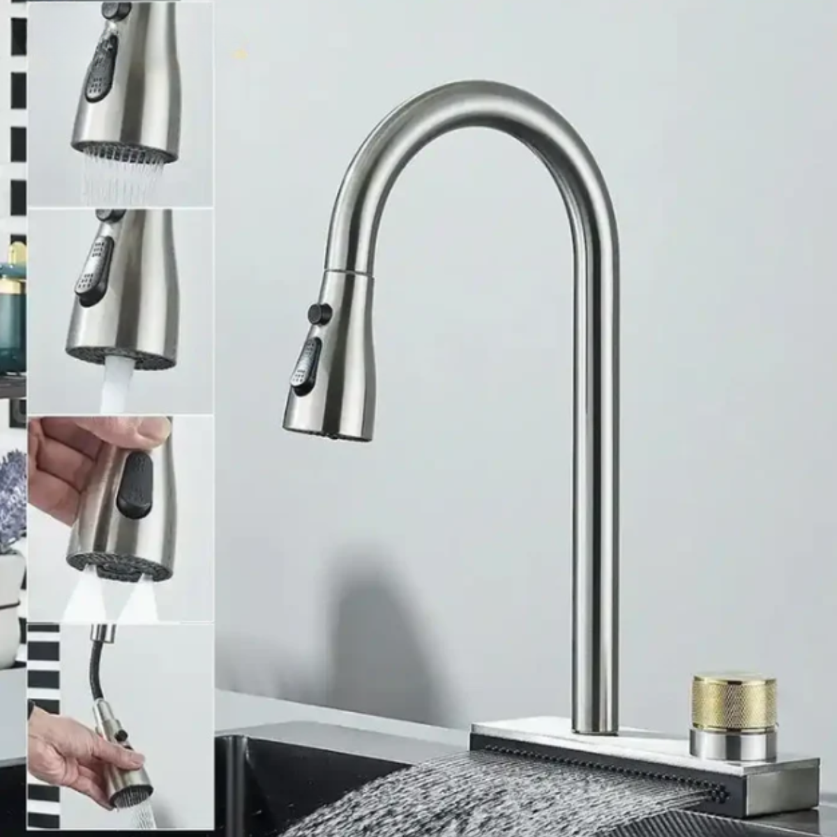 Torneira Gourmet Monocomando Raffinata em aço inox com spray 360 e múltiplos jatos.