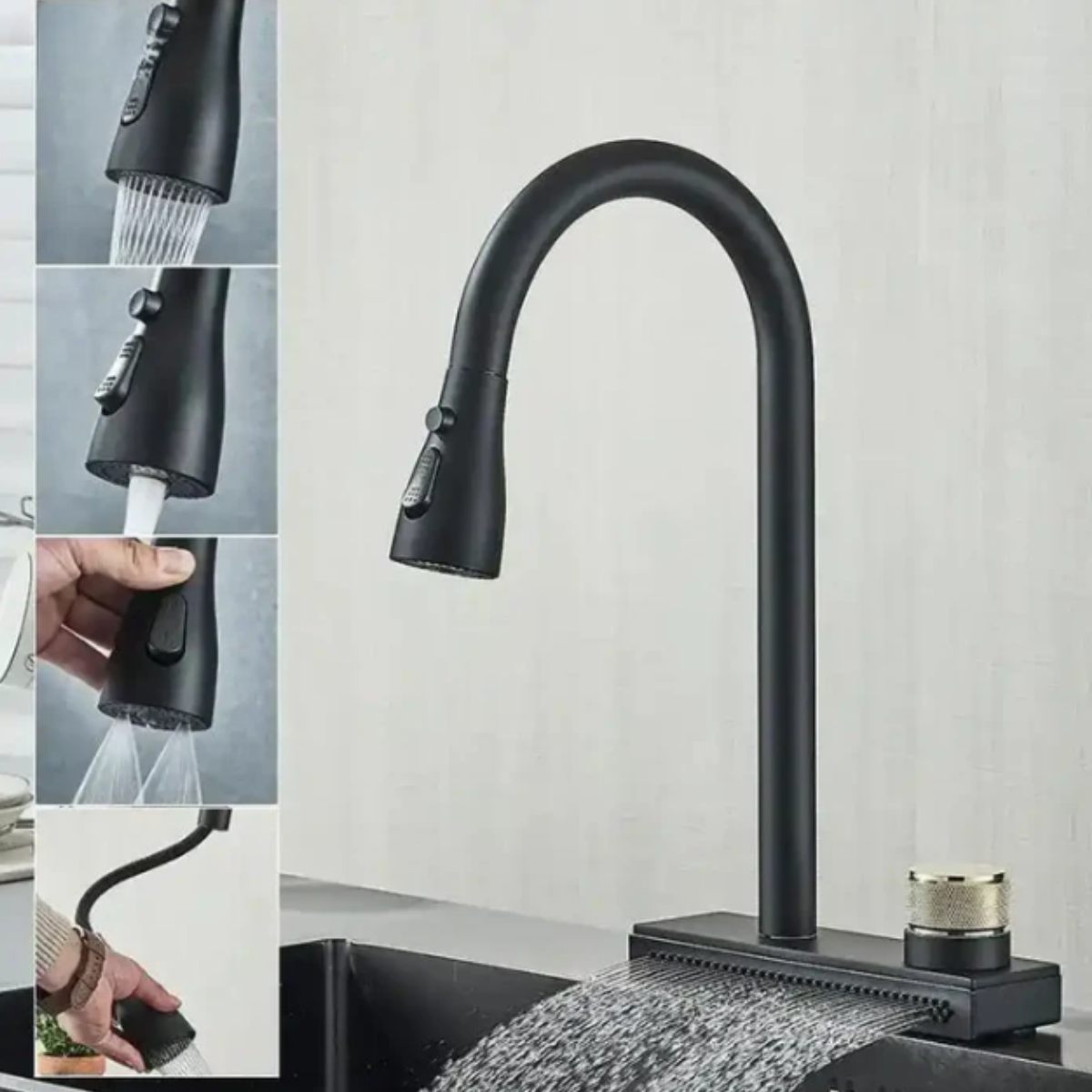 Torneira gourmet monocomando Raffinata preta com spray 360 e diversas funções de jato.