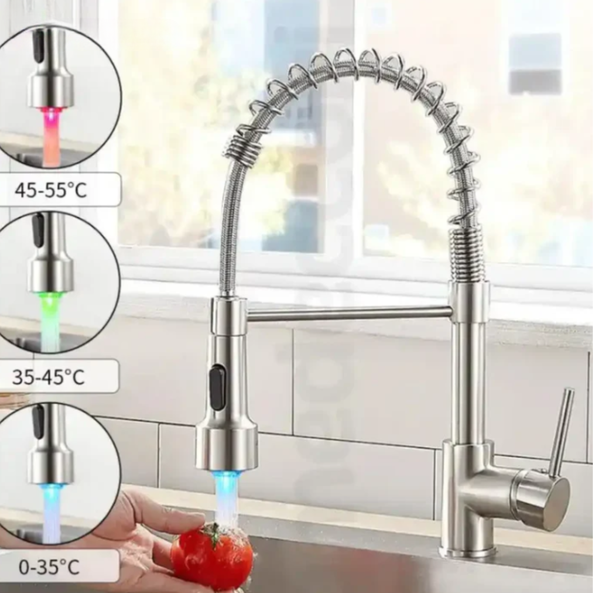 Torneira gourmet Homedeccori com LED indicador de temperatura e mola flexível em aço inox.