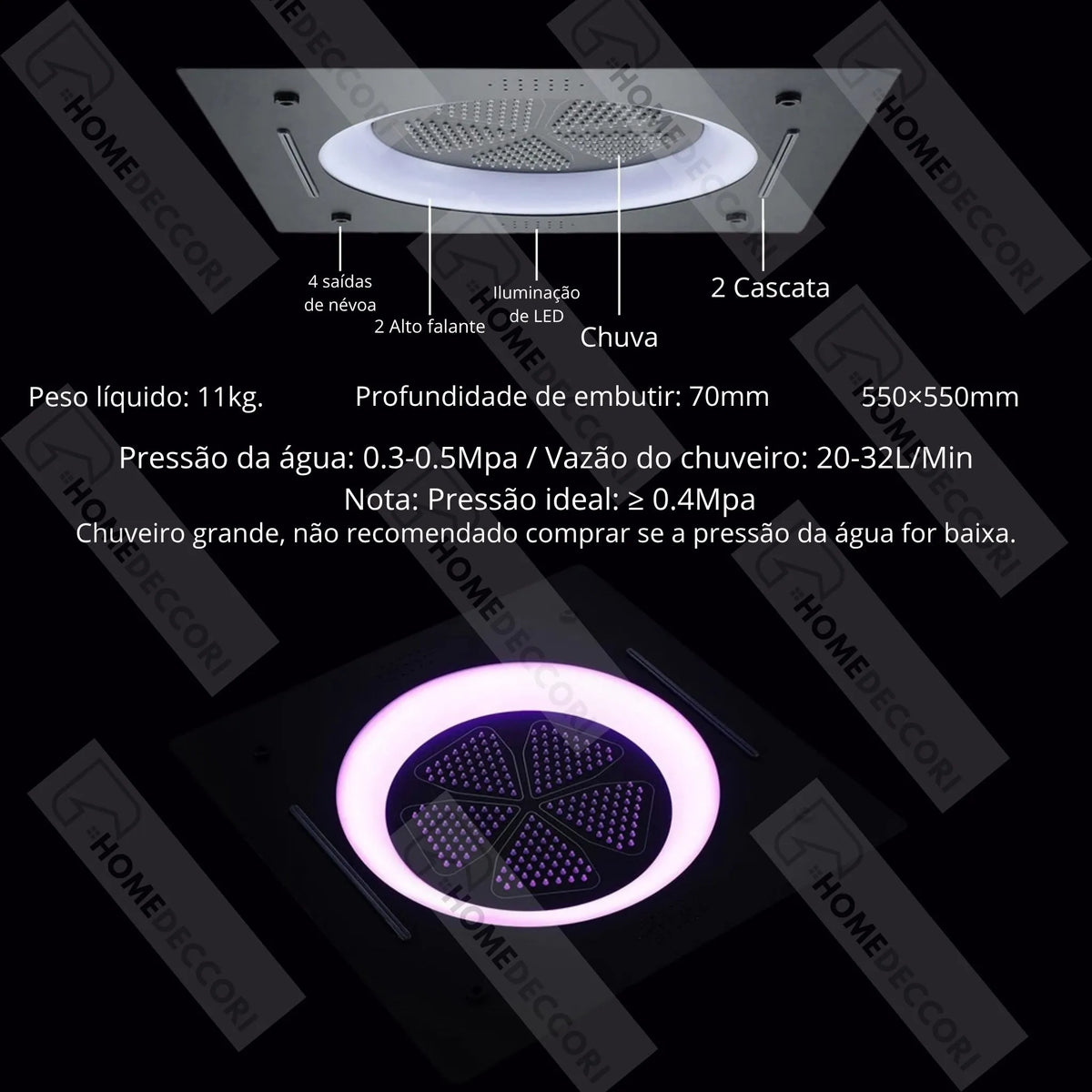 Ducha De Teto Embutir Inox 55x55 LED Bluetooth Spa Aurore - Homedeccori
