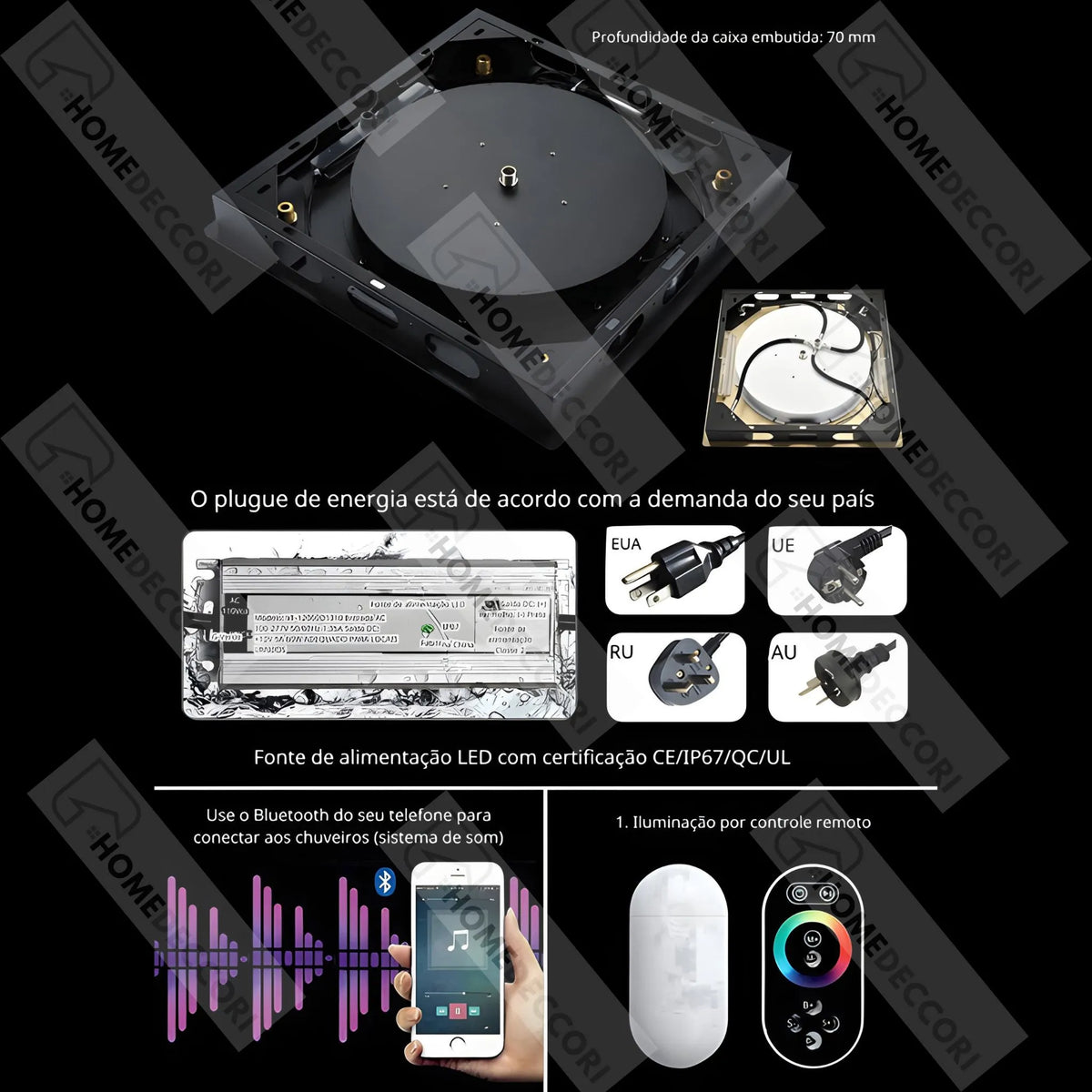 Ducha De Teto Embutir Inox 55x55 LED Bluetooth Spa Aurore - Homedeccori