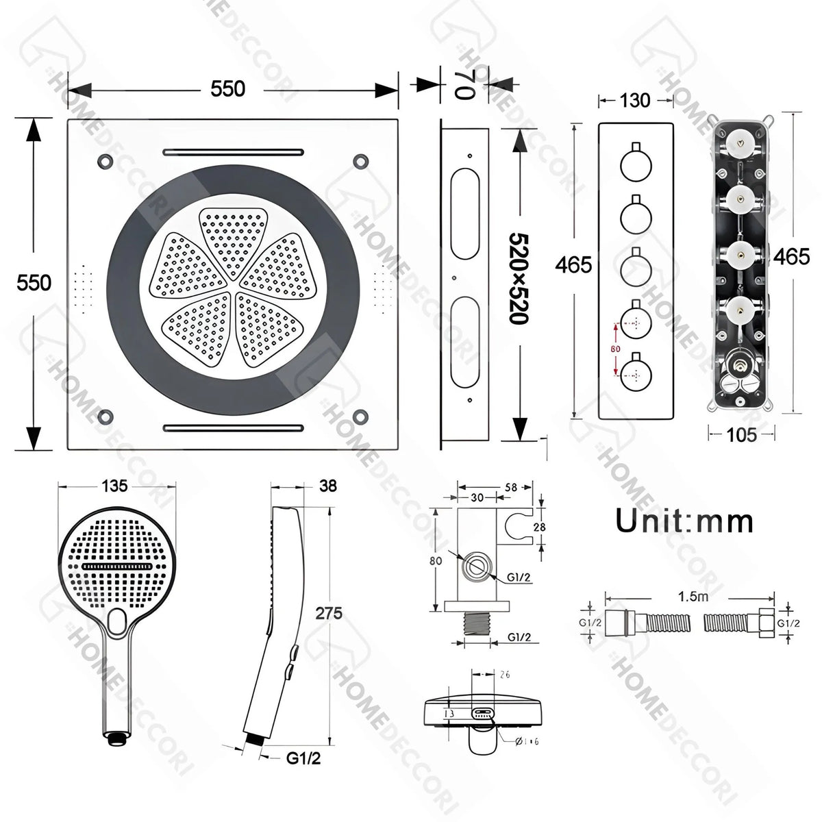 Ducha De Teto Embutir Inox 55x55 LED Bluetooth Spa Aurore - Homedeccori