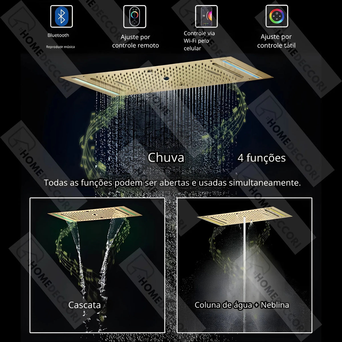 Ducha De Teto Embutir Inox 63x33 LED Bluetooth Spa Lumière - Homedeccori