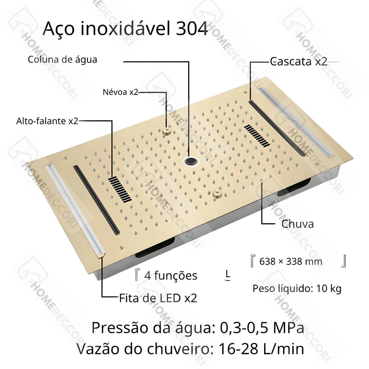 Ducha De Teto Embutir Inox 63x33 LED Bluetooth Spa Lumière - Homedeccori