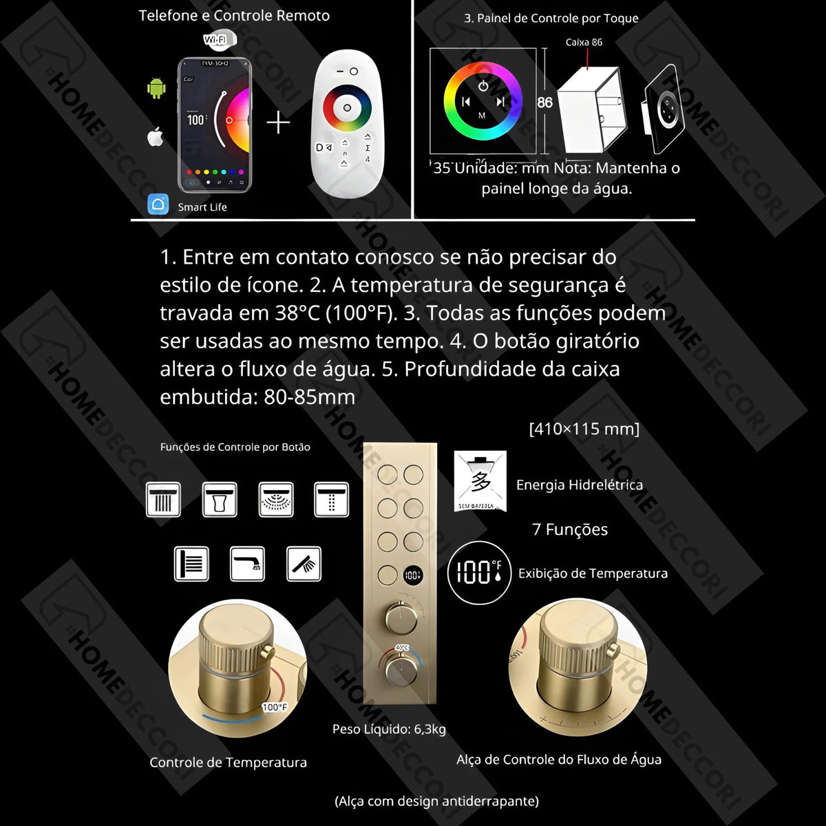Ducha De Teto Embutir Inox 63x33 LED Bluetooth Spa Lumière - Homedeccori