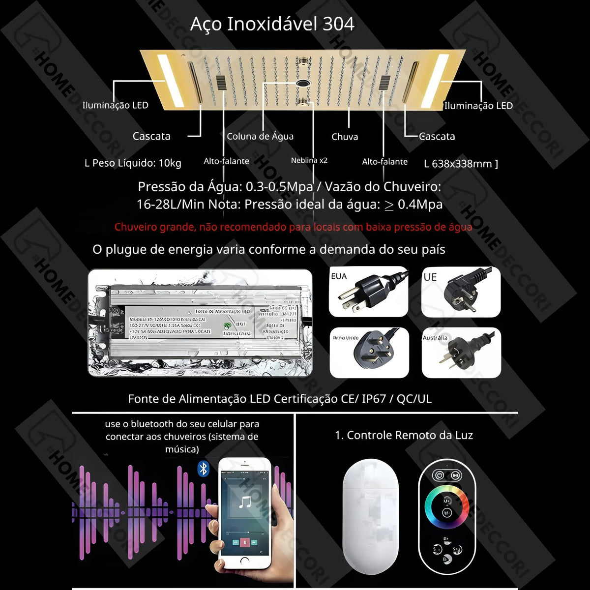 Ducha De Teto Embutir Inox 63x33 LED Bluetooth Spa Lumière - Homedeccori