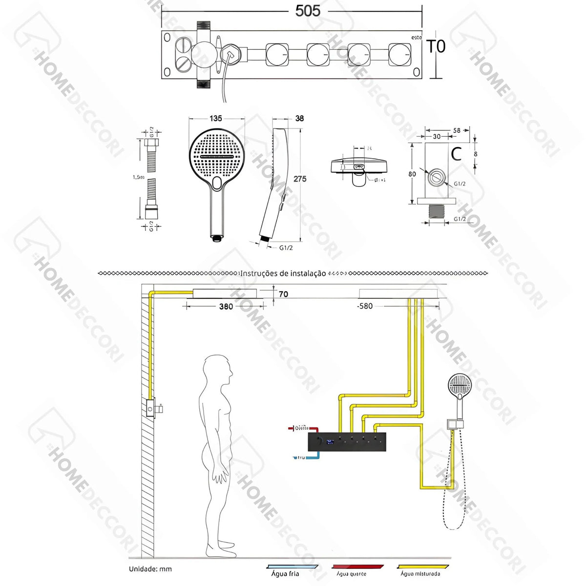 Ducha De Teto Embutir Inox 58x38 LED Bluetooth Maestro - Homedeccori