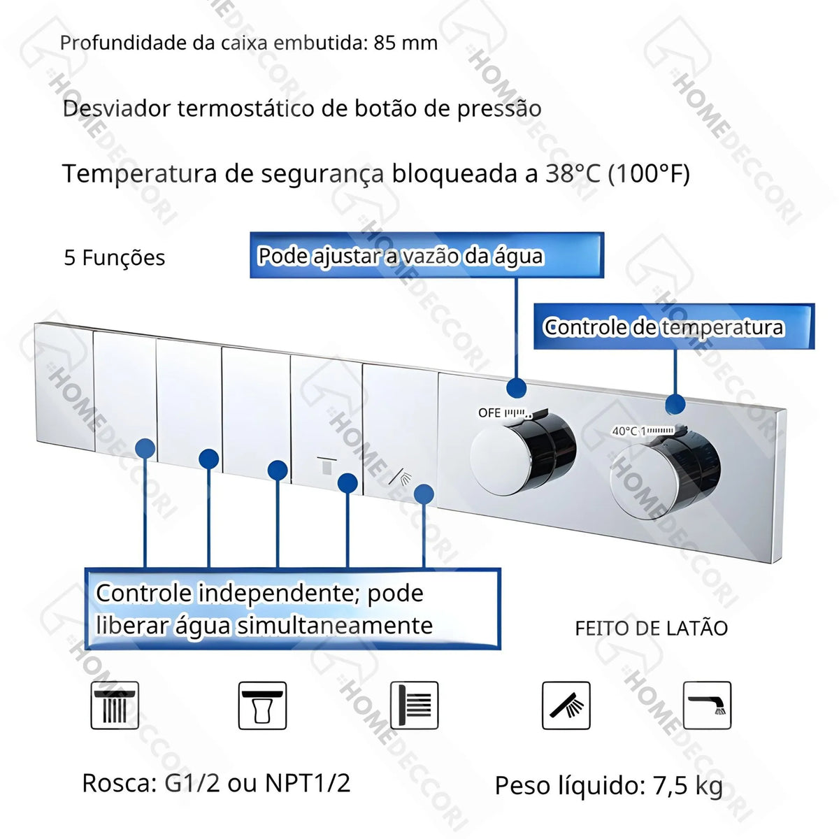 Ducha De Teto Embutir Inox 58x38 LED Bluetooth Spa Rivoli - Homedeccori