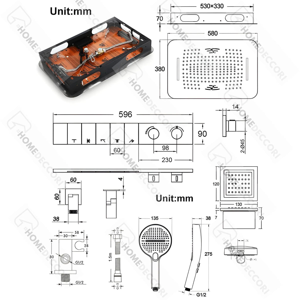 Ducha De Teto Embutir Inox 58x38 LED Bluetooth Spa Rivoli - Homedeccori