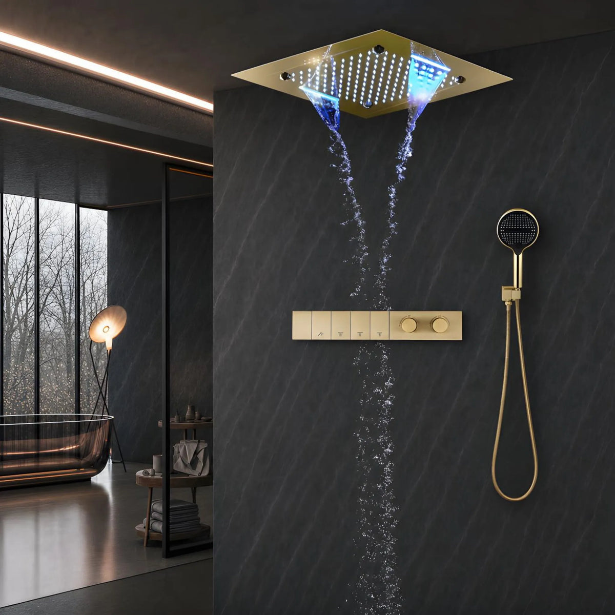 Ducha De Teto Embutir Inox 50x50 LED Bluetooth Cascata Soleil
