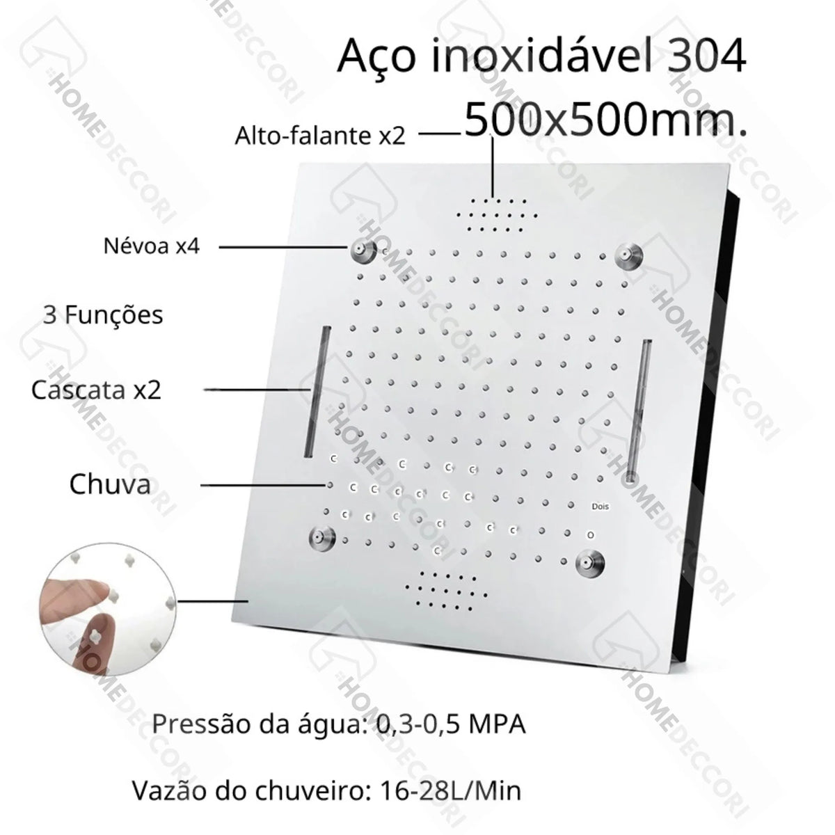 Ducha De Teto Embutir Inox 50x50 LED Bluetooth Spa Zenithe - Homedeccori