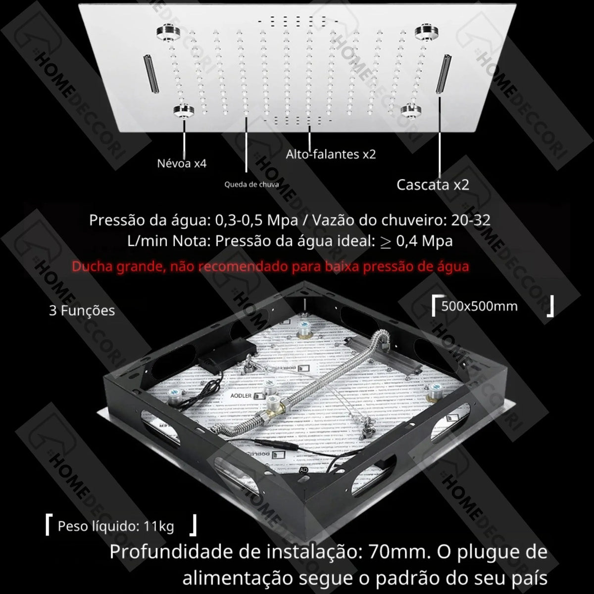 Ducha De Teto Embutir Inox 50x50 LED Bluetooth Spa Zenithe - Homedeccori