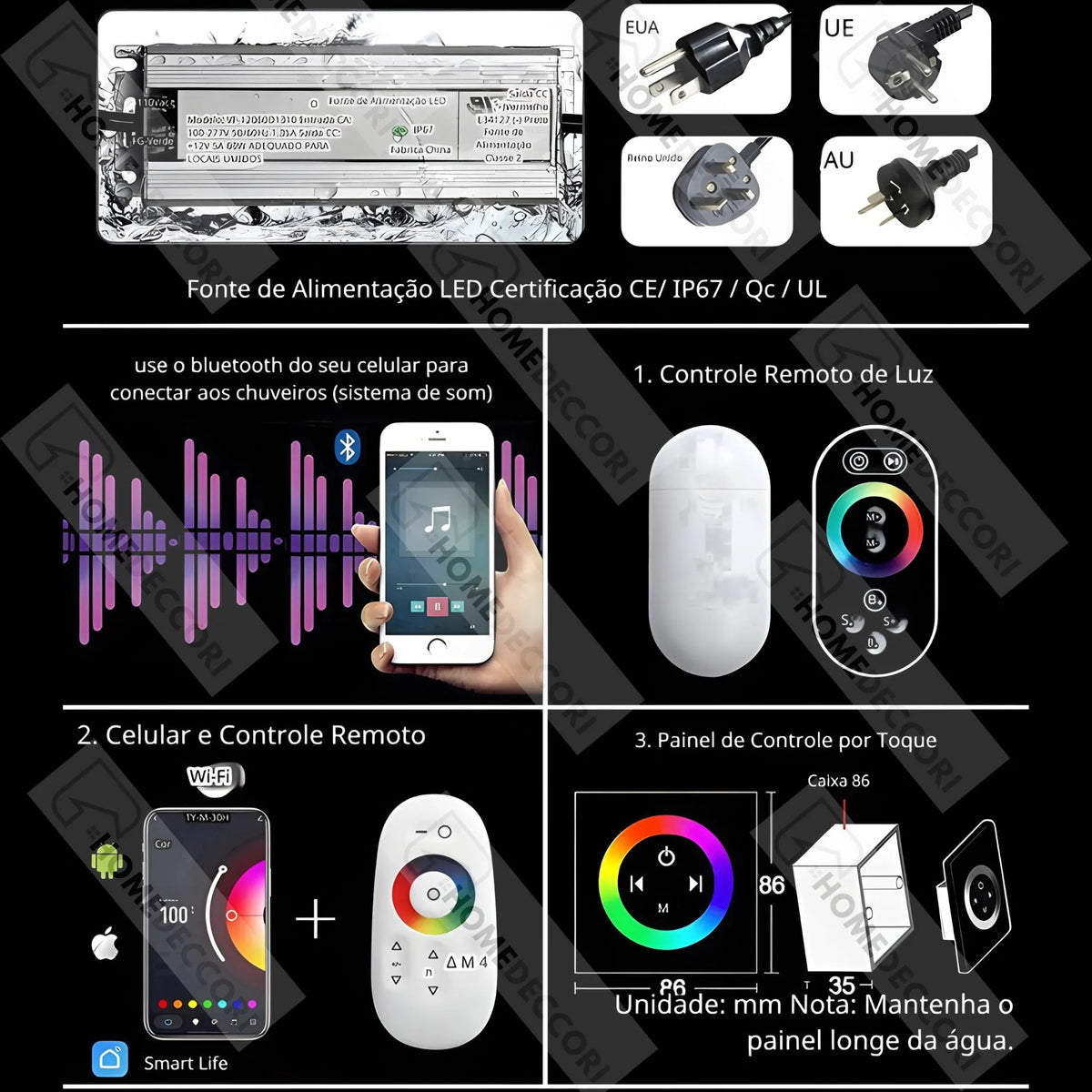 Ducha De Teto Embutir Inox 50x50 LED Bluetooth Spa Zenithe - Homedeccori