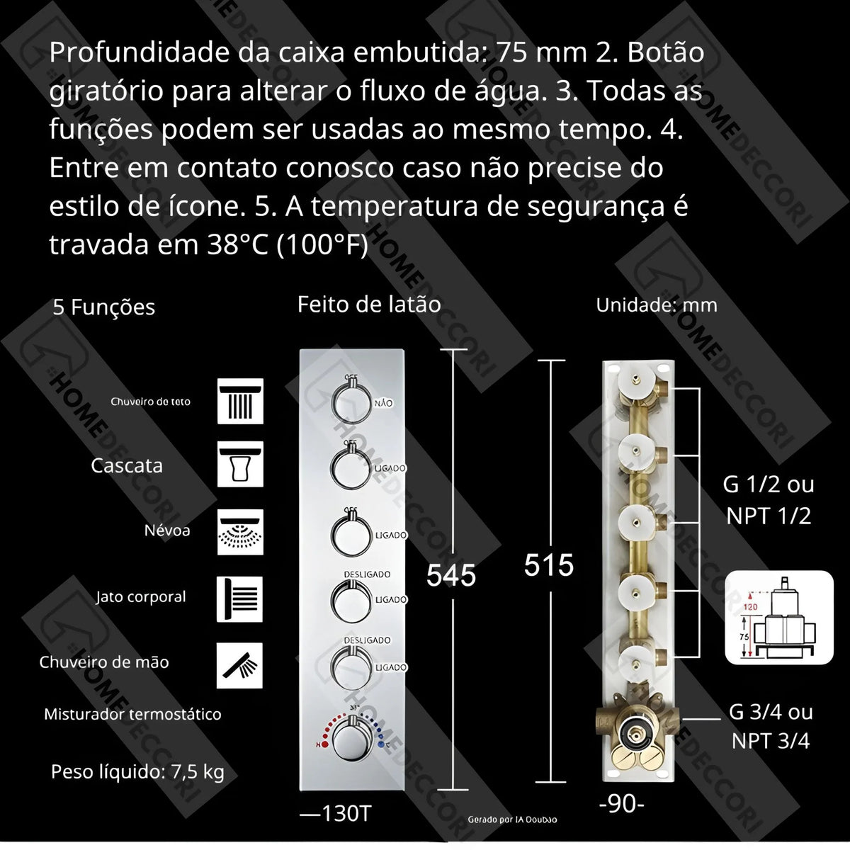 Ducha De Teto Embutir Inox 50x50 LED Bluetooth Spa Zenithe - Homedeccori