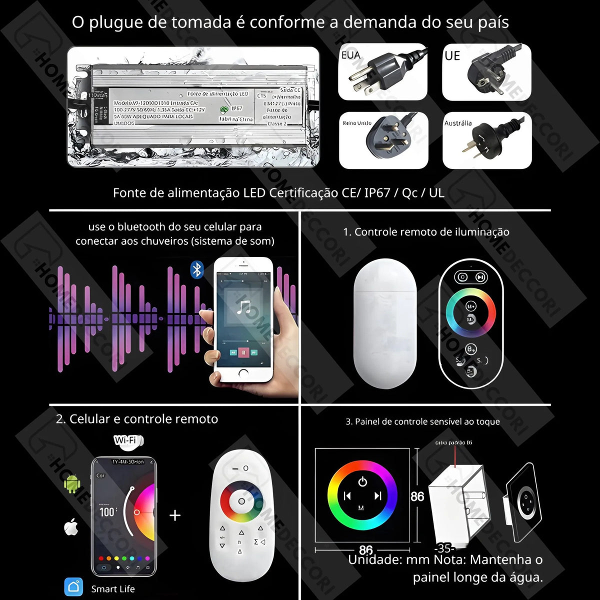 Ducha De Teto Embutir Inox 90x30 LED Bluetooth Spa Majestic - Homedeccori